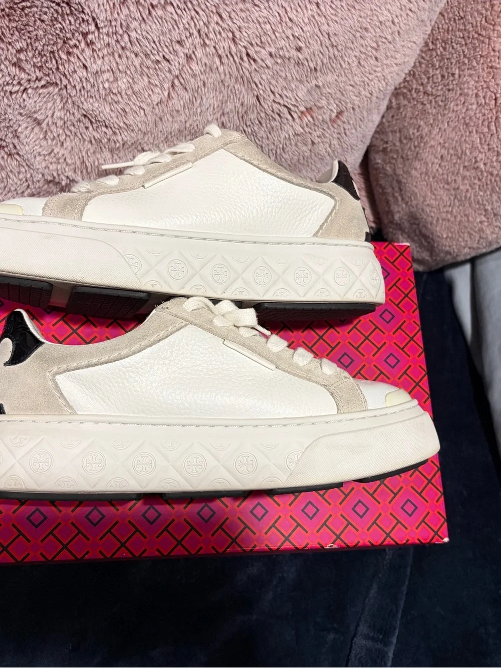 Tory Burch White Platform Sneakers with Black Heel Detail
